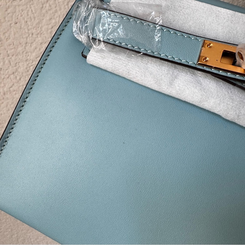LEATHER INSIDE & OUT | Aqua Sky Mini 22 Sellier Belted KL Top Handle w/ Gold S17 - Picture 4 of 14
